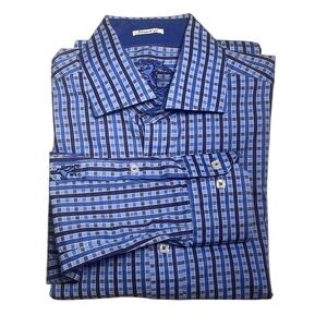 100% Cotton Bugatchi Men’s Button down dress shirt blue monochrome plaid